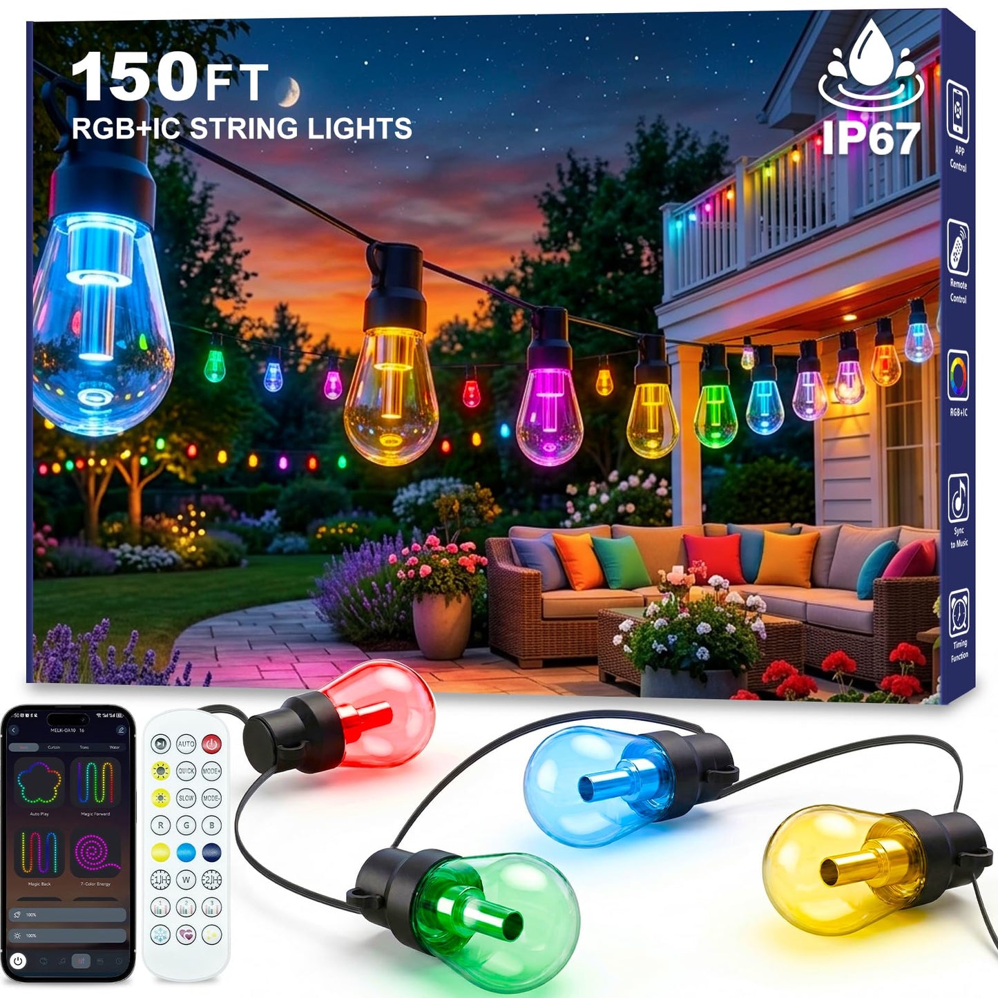Beizelte Outdoor String Lights, 150FT RGB+IC Outside Light Dimmable Shatterproof LED Bulbs, IP67 Waterproof Chasing Effect Lighting DreamColor Patio
