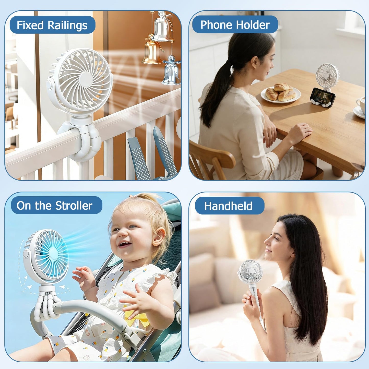 ormos Octopus Fan, 4-in-1 Portable Cooling Fan, 360° Rotation, 3 Speeds, Ultra Quiet 20dB, Black, USB Powered, Flexible Legs Design for Baby Room