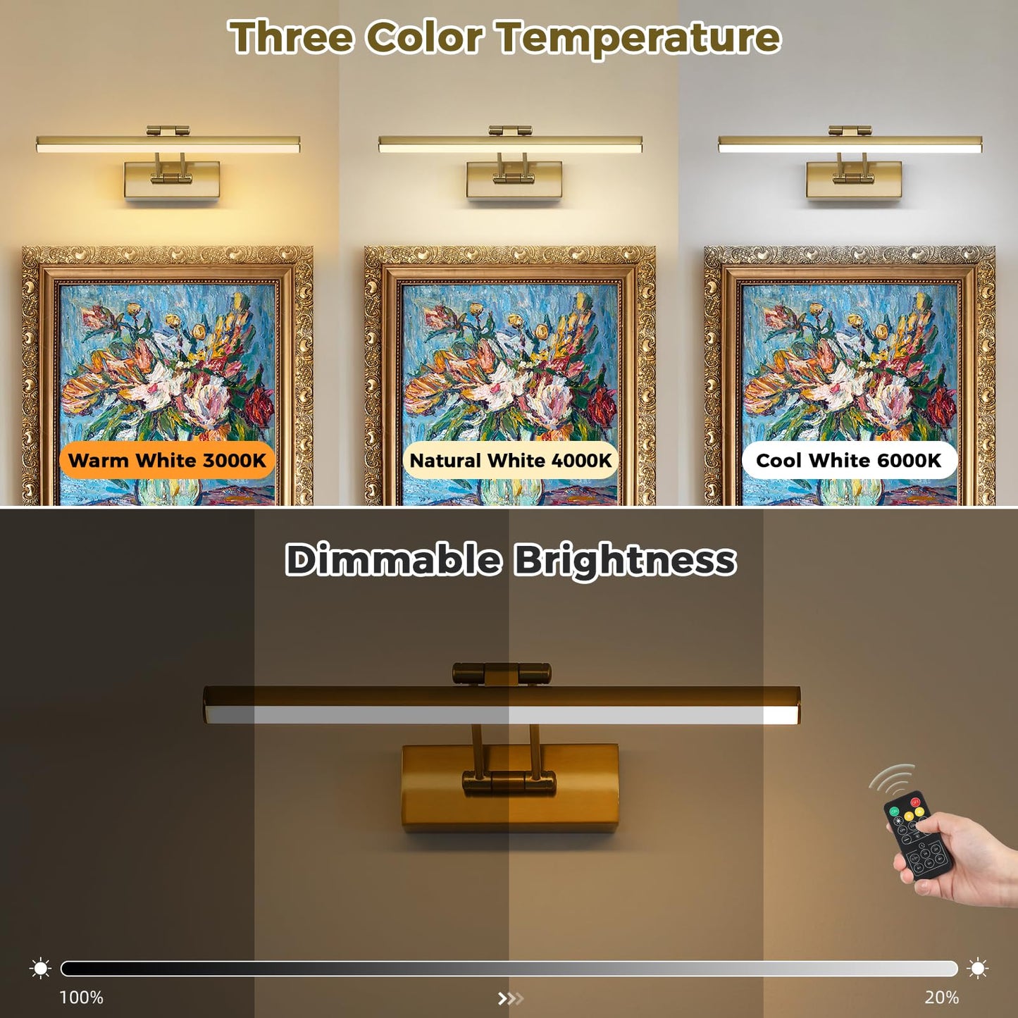 JUSHENG Picture Lights for Wall Battery Operated, Brass 3CCT Dimmable Gallery Light with Detachable Battery and Timer, Rechargeable Picture Lighting