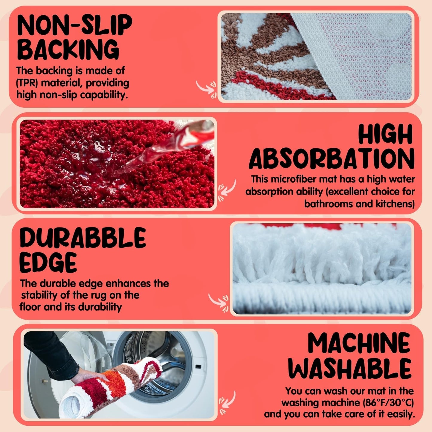 BeauWoven Mushroom Rug - Washable Bath Mat Non-Slip Bathroom Rug Absorbent Mat for Kids and Women Ideal Red Mushroom Decor Rugs for Bedroom, Kitchen