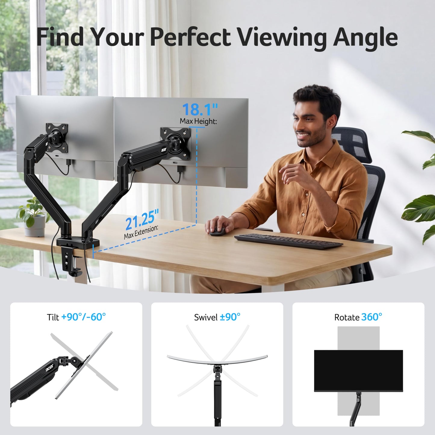 Acer Dual Monitor Arm, Computer Desk Arm with VESA Mounts for 17-32? Screens, Fully Adjustable Gas Spring Monitor Stand, C-Clamp and Grommet Mounting