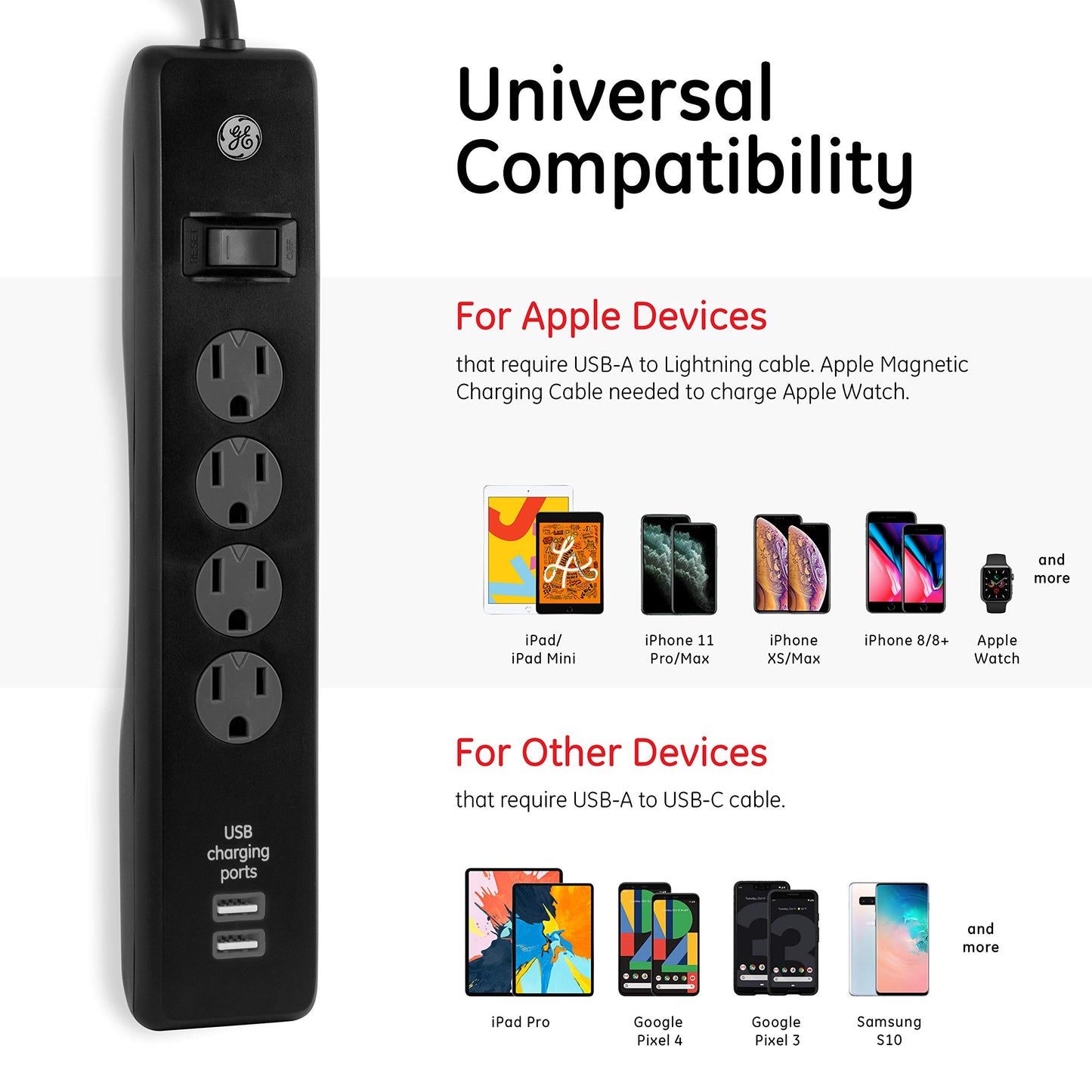 GE 4-Outlet Surge Protector, 2 USB Ports, 6 Ft Power Cord, 450 Joules, Flat Plug, Twist to Lock Safety Covers, Automatic Shutdown Technology, Circuit