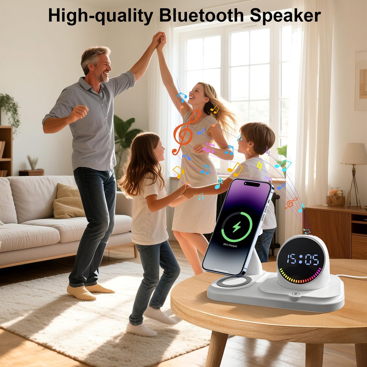 6-in-1 Wireless Charging Station with Bluetooth Speaker,Digital Clock and Ambient Lights,Fast Wireless Charger for for Multiple Devices for Apple