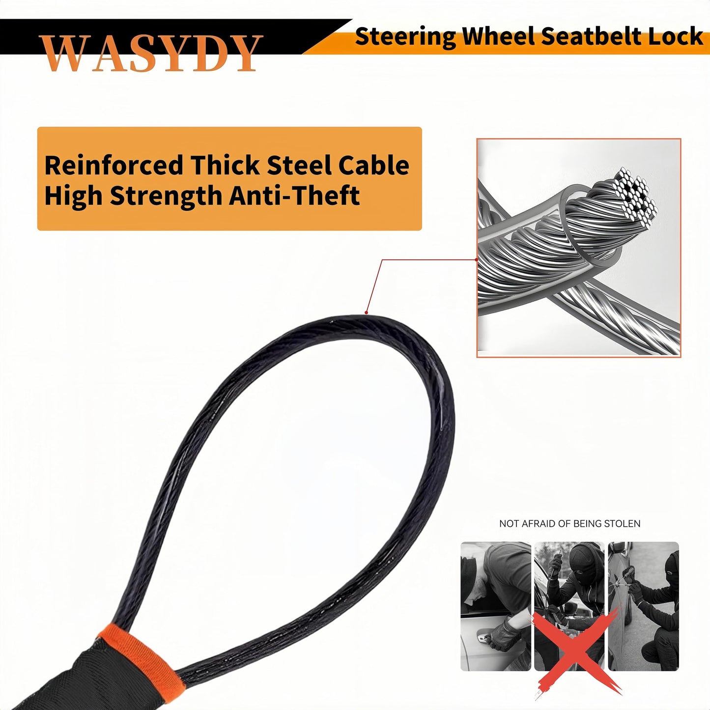 WASYDY Car Steering Wheel Seat Belt Lock,2026 Upgraded High Strength Thickened Steel Cable Universal Anti Theft Device,Compact Lightweight Car