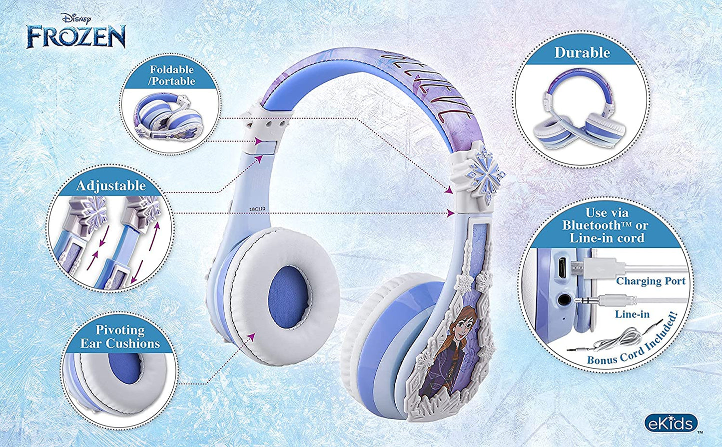 ekids Disney Frozen Kids Bluetooth Headphones, Wireless with Microphone, Includes Aux Cord, Volume Reduced, Foldable for School, Home, or Travel