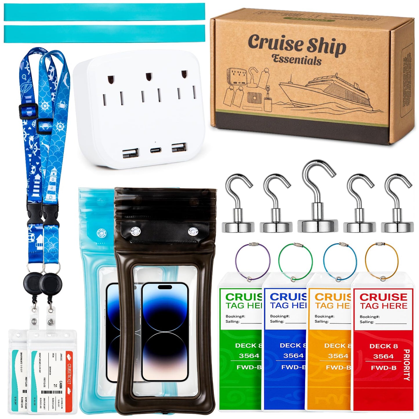 Cruise Essentials 2025 Kit – Must-Have Travel Set with Power Strip, Lanyard, Magnetic Hooks, Luggage Tags, Towel Bands & Waterproof Phone Holder