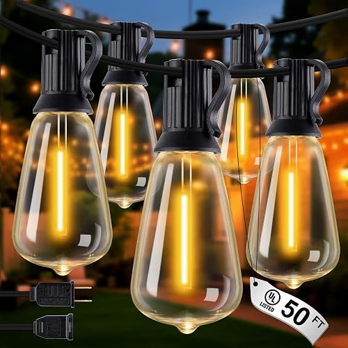 DELITOR Patio String Lights Plug in 50FT LED Outdoor String Lights with IP65 Waterproof 27 Bulbs, Connectable Dimmable Edison ST38 Outside Lights