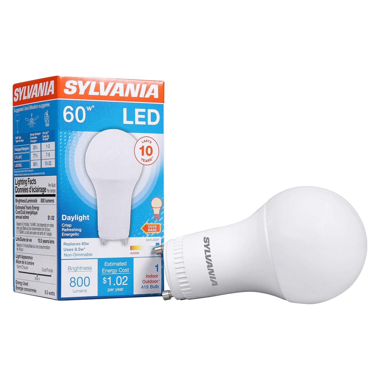 Sylvania LED Light Bulb, 60W Equivalent A19, Efficient 8.5W, GU24 Bi-Pin Base, Frosted Finish, 800 Lumens, Daylight - 1 Pack (78107)