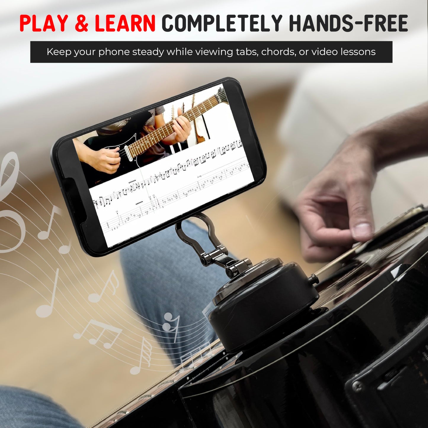 MotivatEM Strum Screen Guitar Phone Mount - Hands-Free Phone Holder with Vacuum Suction for Guitar - Perfect for Watching Tutorials & Tabs - Universal