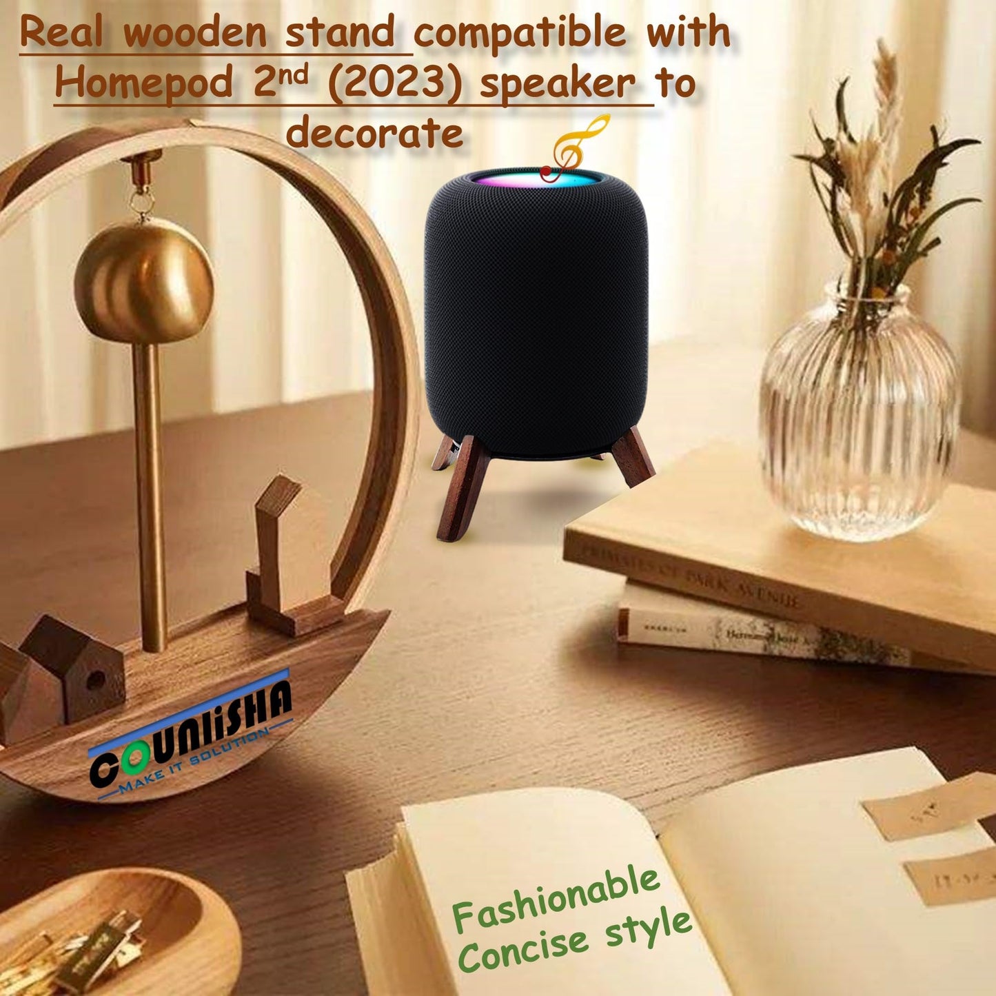 Real Wood Stand for Homepod 2nd gen (2023 Released), Wooden Holder with Metal Frame for Better Sound,Sturdy Stable Mount with Anti-Slip Protects Apple