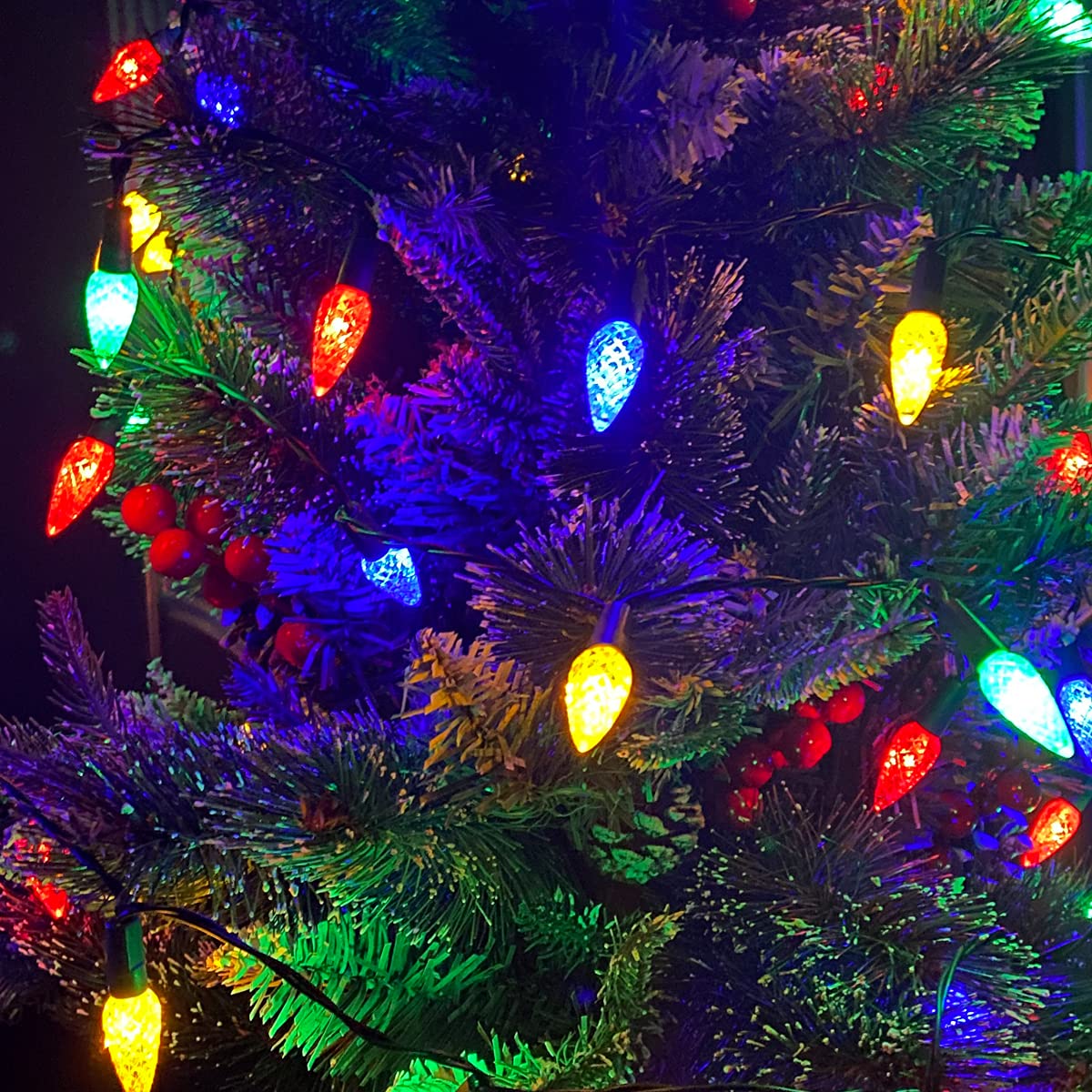 YiKizy Solar Christmas Lights Outdoor C6 Strawberry String Lights, 100 LED Multicolor Outdoor Solar Powered Rechargeable Garden Lights for Xmas Tree