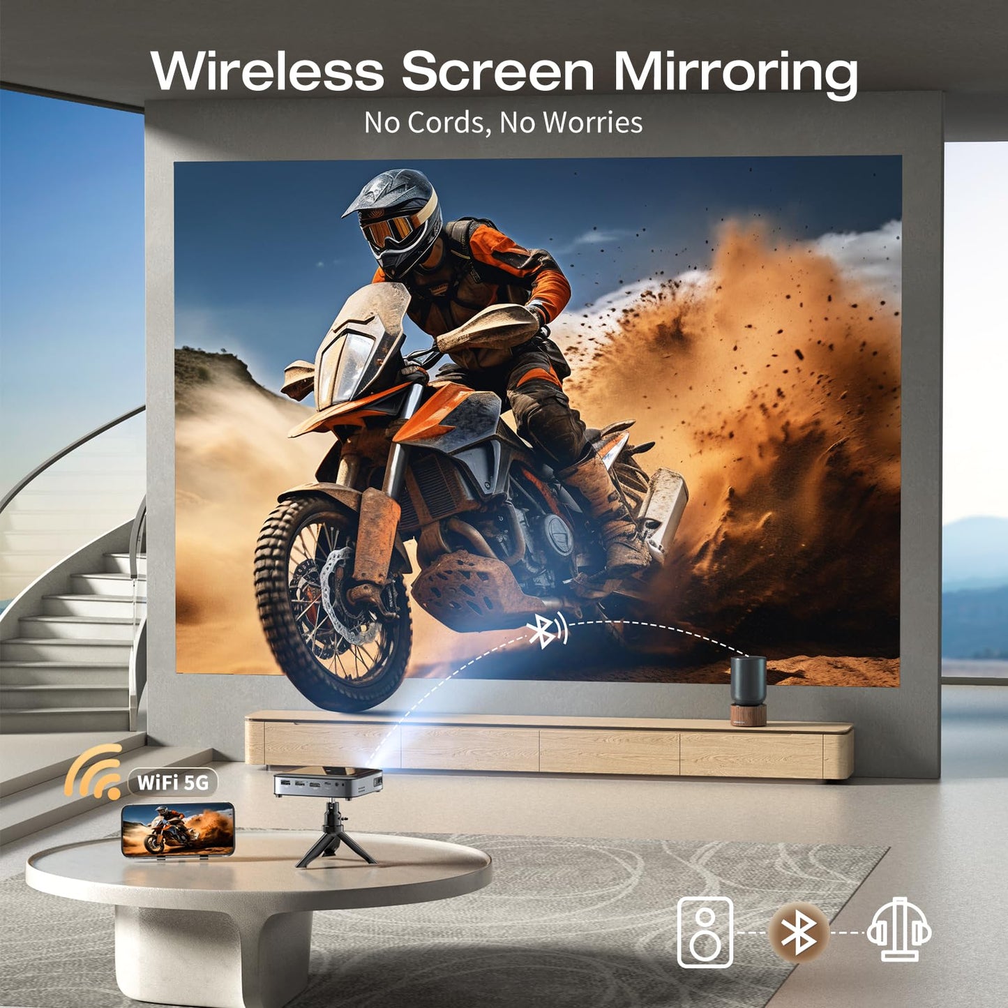 Wireless Projector, Portable Projector, with Built-in Battery for Instant Use, Includes Stand, Mini Outdoor Projector, 1080p Full HD Suitable for Home