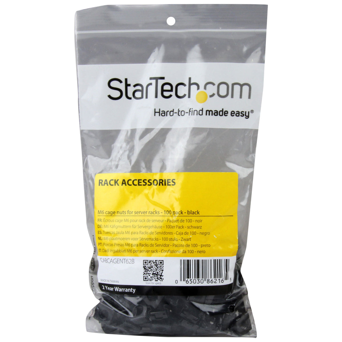 StarTech 100-Pack M6 Square Hole Cage Nuts & Tool, 19in/10in, Black, TAA