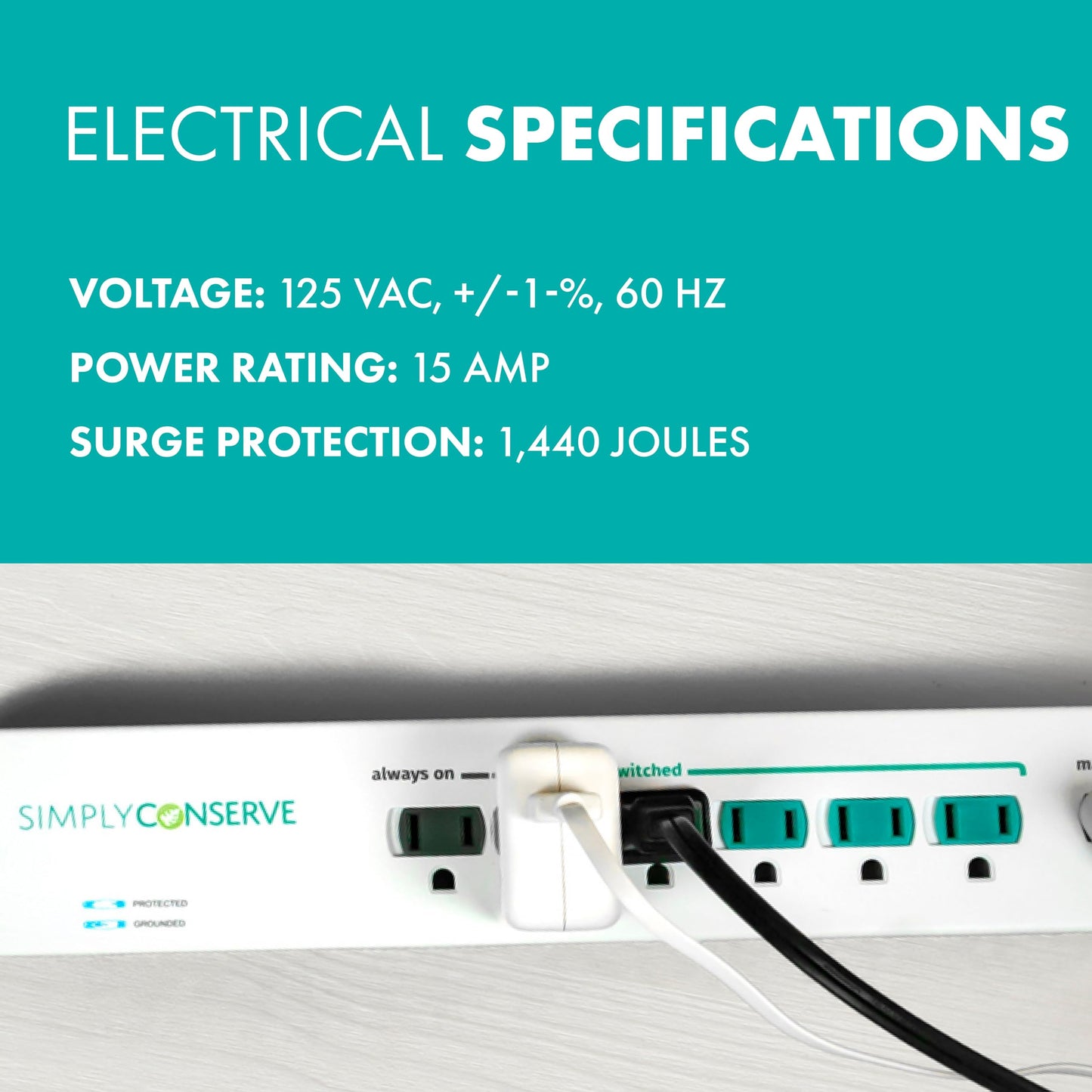 Simply Conserve Advanced Power Strip SC73T1, Surge Protector Outlets, White Power Strip Extension Cord with Multiple Outlets, Power Surge Strip