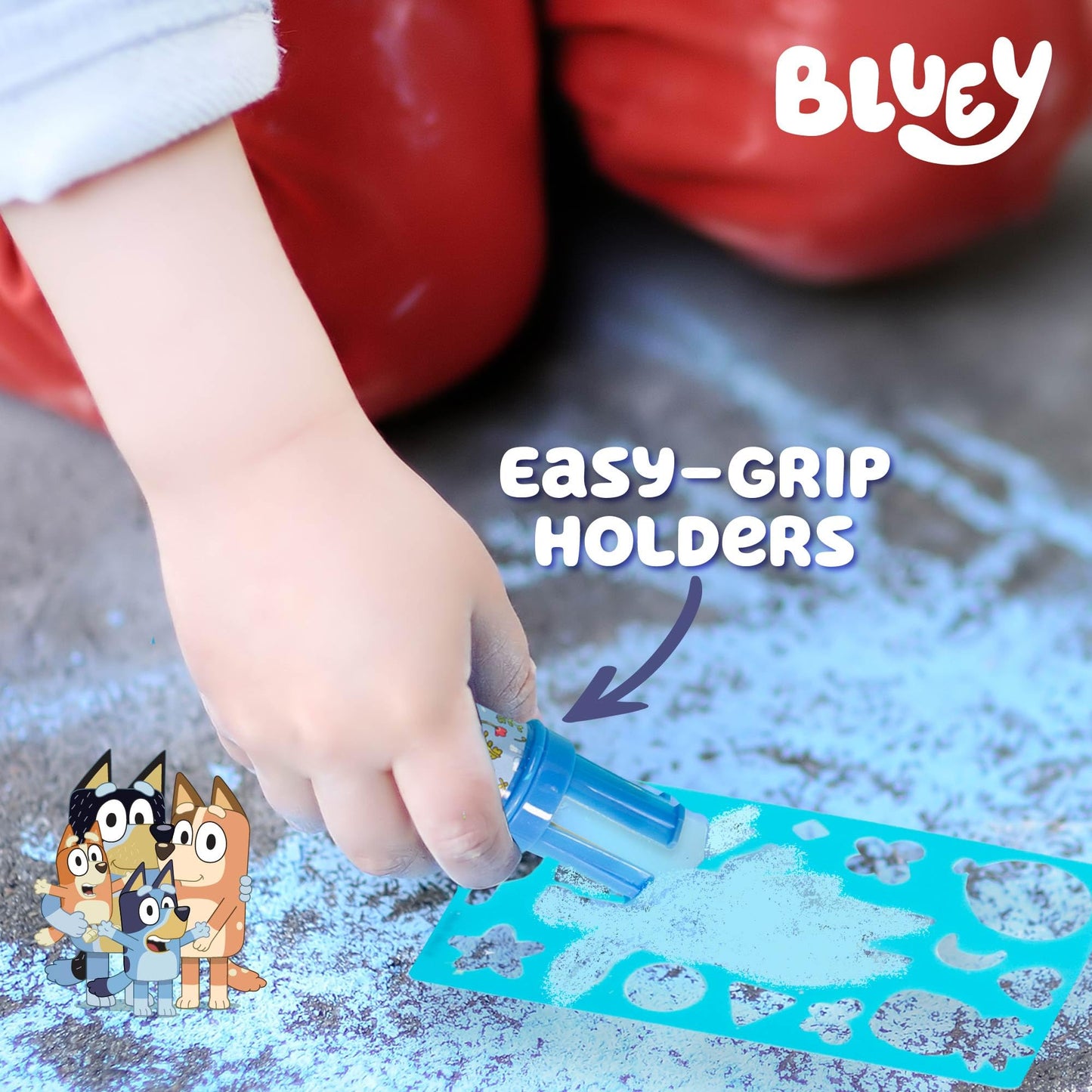 Official Bluey Chalk Art, 5-Pack, Vibrant Sidewalk Chalk For Kids, Includes 5 Chalks, Chalk Holders & Reusable Stencil, Outside Toys for Toddlers…