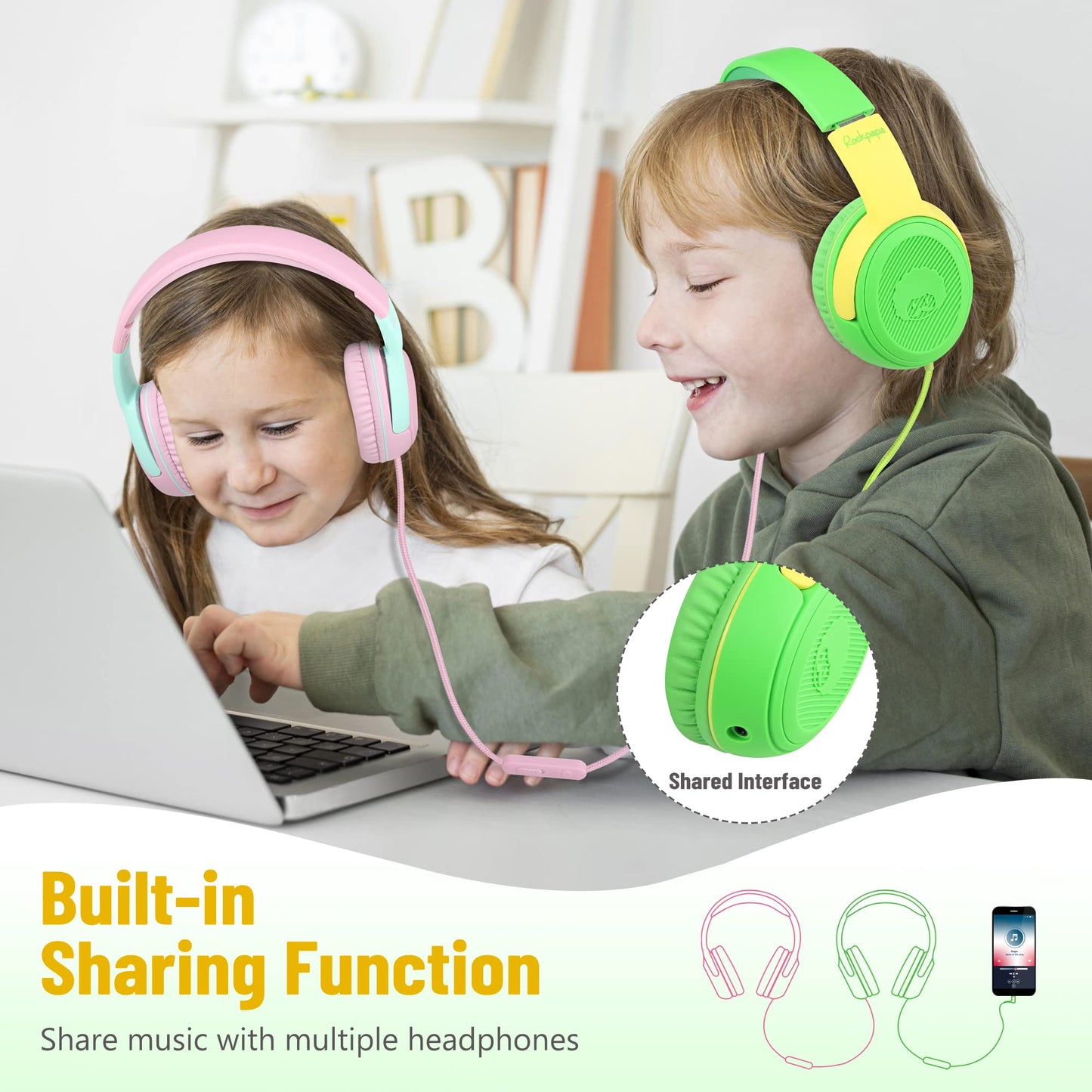 rockpapa Share 1 Kids Headphones Wired with Microphone & Share Port, 85dB/94dB Volume Limited, Cute Foldable Student Child Boys Girls Headphones…