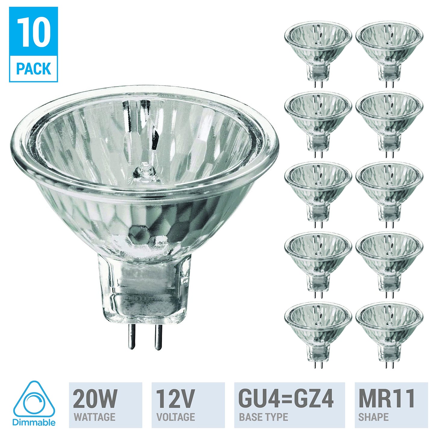 KOR 20W MR11 Halogen Flood Light Bulbs with Lens, GU4 2-Pin Base, 10-Pack