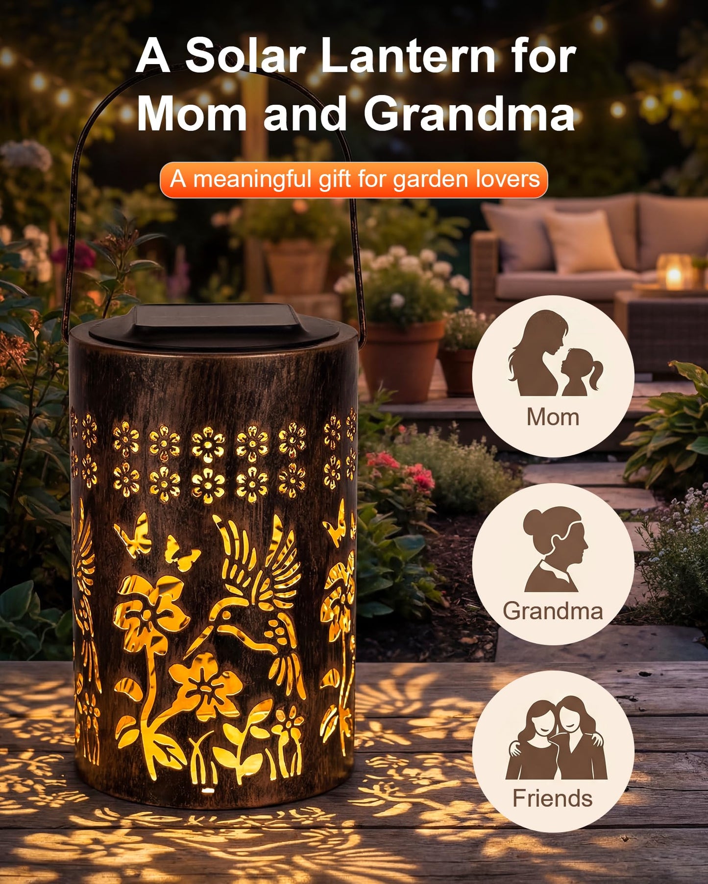Solar Lanterns Outdoor Waterproof, Mothers Day Gifts for Mom, Hummingbird Garden Decor Gift for Women or Grandma, Hanging or Tabletop Lantern