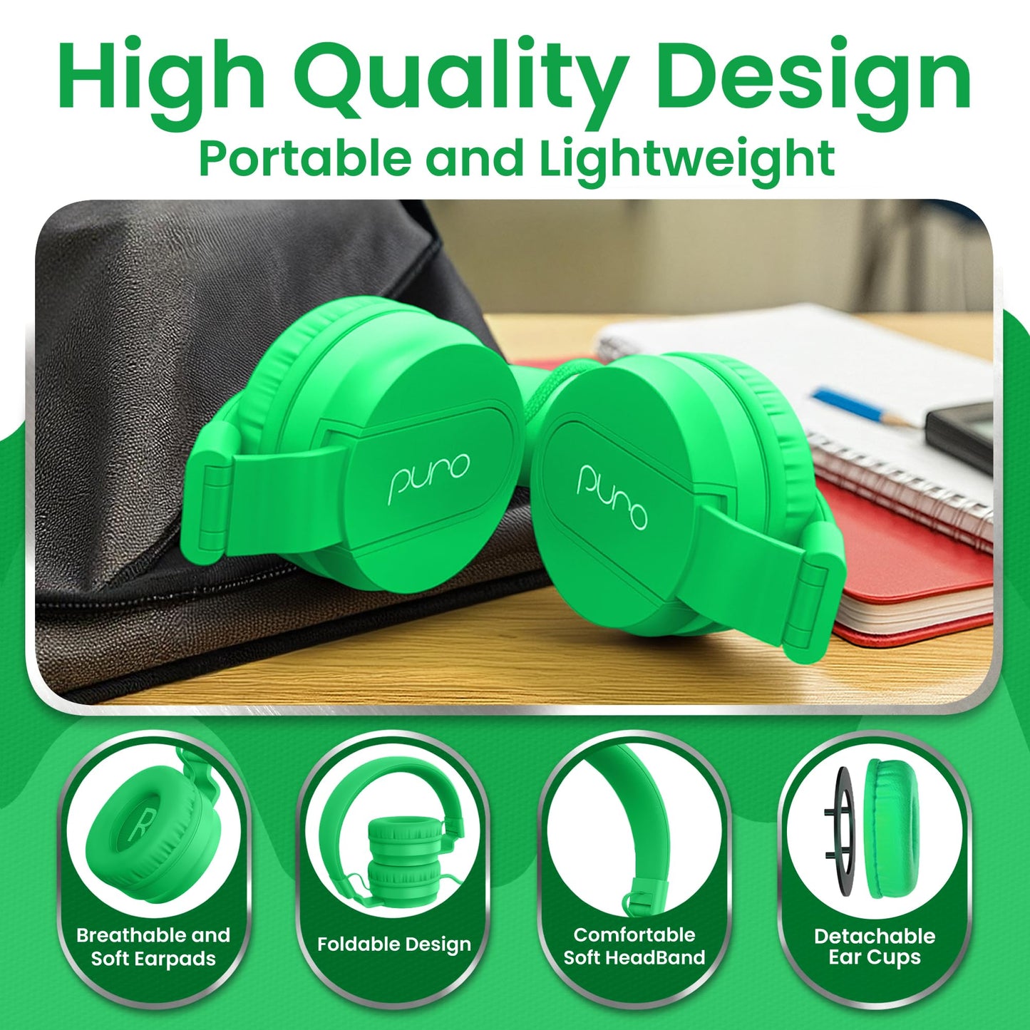 Puro Sound Labs - Kids Headphones, Volume-Limiting 85dB, PuroBasic, Green