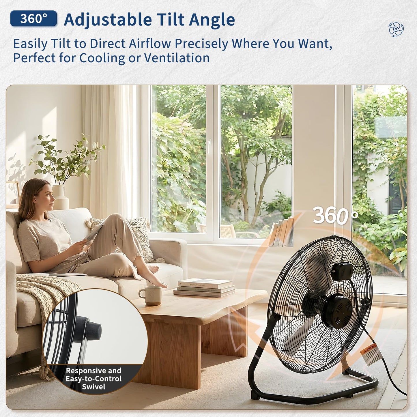 Garvee 18 Inch Floor Fan, 3 Speeds 3300 CFM High Velocity Heavy Duty Industrial Fan, 360° Adjustable Tilt & Carry Handle, 26.2 ft/s Airflow Metal Fan