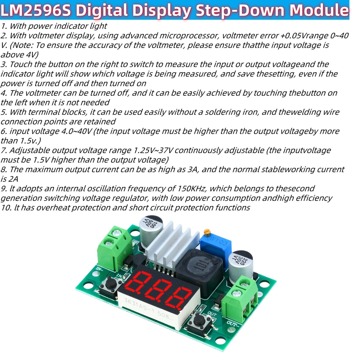 MTDELE 3Pcs LM2596 DC-DC Buck Converter Module Adjustable 4.0-40V Input Voltage Conversion 1.25V-37V Output Voltage with LED Digital Display