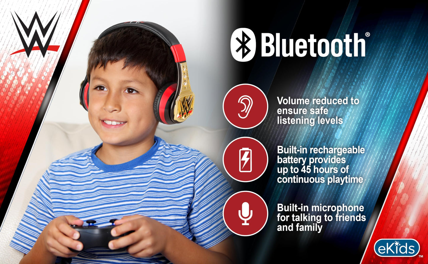 eKids WWE Bluetooth Headphones, Wireless Headphones with Microphone Includes Aux Cord, Kids Earphones for School, Home, or Travel