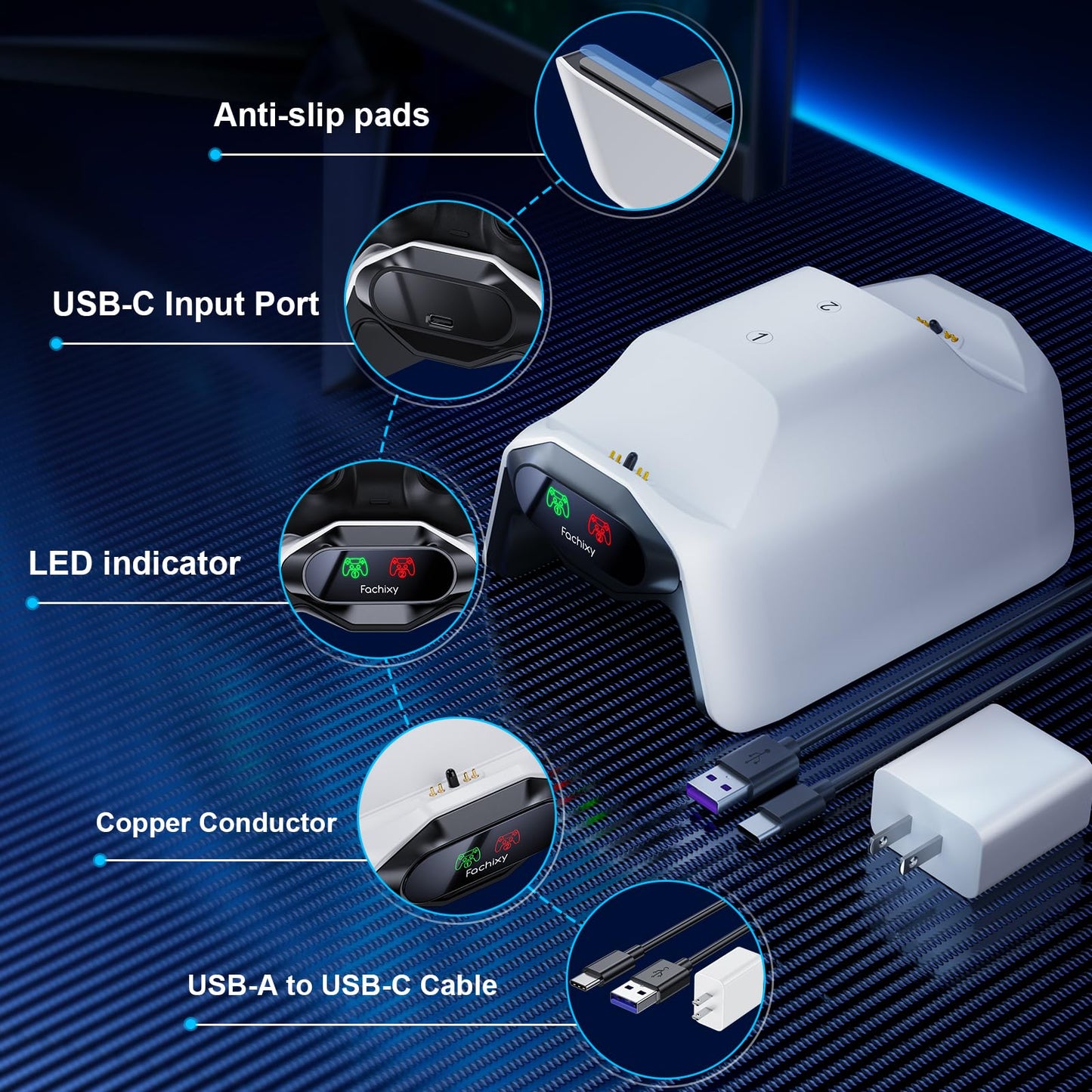 Fachixy PS5 Controller Charger, with 2-Hour Fast Charging chip, PS5 Charging Station with US Power Adapter and Cable, White