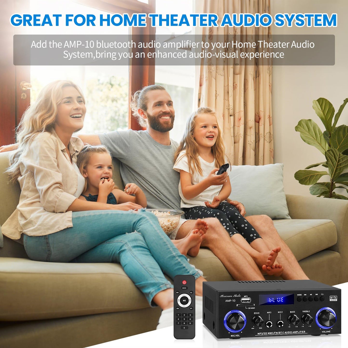 AMP-10 Bluetooth Amplifiers RMS 50WX2 Stereo Audio Amp Receivers for Home Speaker 2.0 Channel Max 600W Output Mini Power Amplifier w/FM Radio, Echo