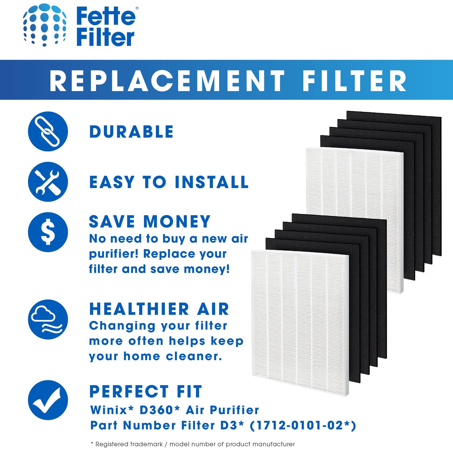 Fette Filter - 2+8 Set D360 Premium Replacement Filter D3 Compatible with Winix D360 Air Purifier Part Number 1712-0101-02, 1712010102 Qty 2 and 8