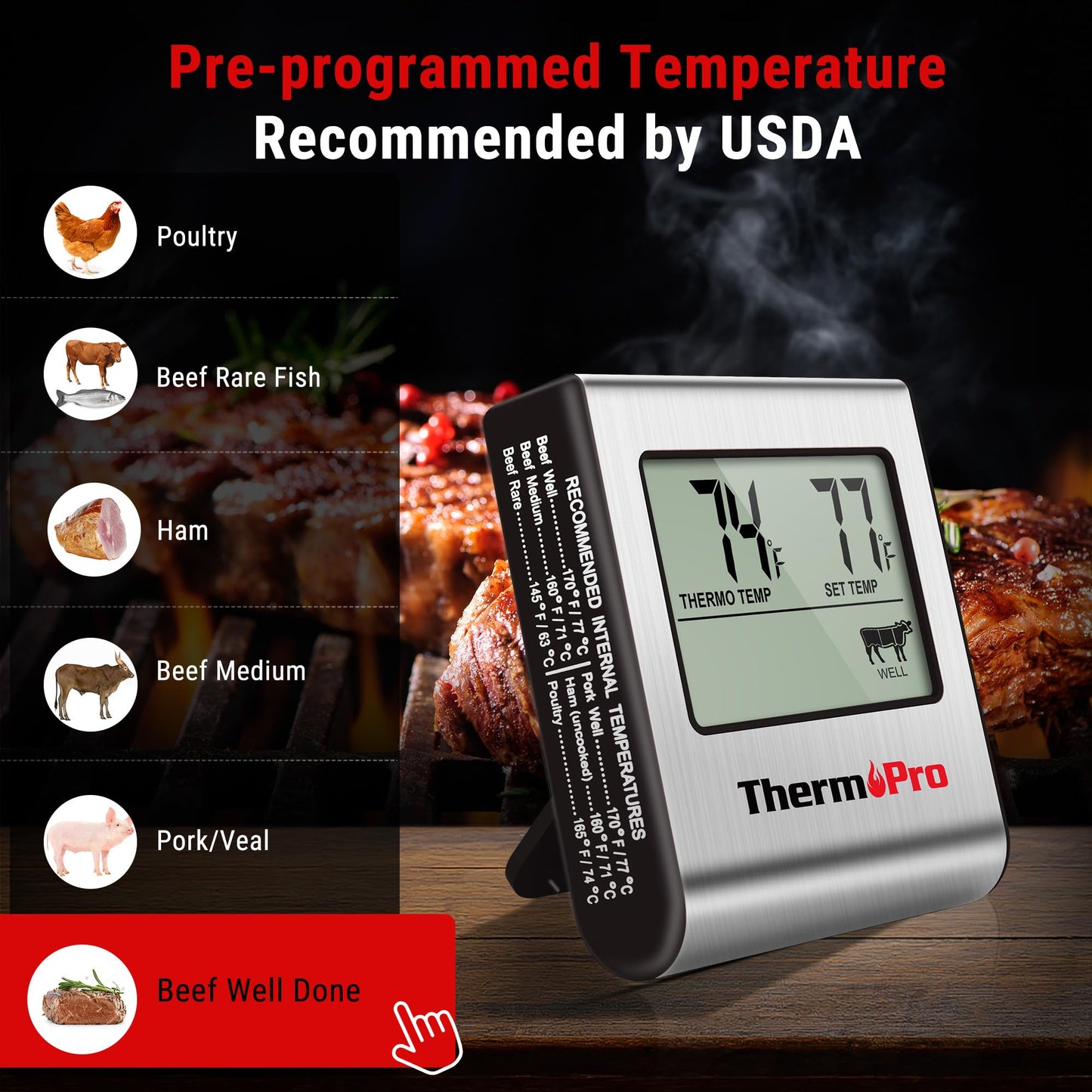 ThermoPro TP16 Digital Meat Thermometer with Large LCD, Timer & Stainless Steel Probe for Oven, Smoker, BBQ & Kitchen