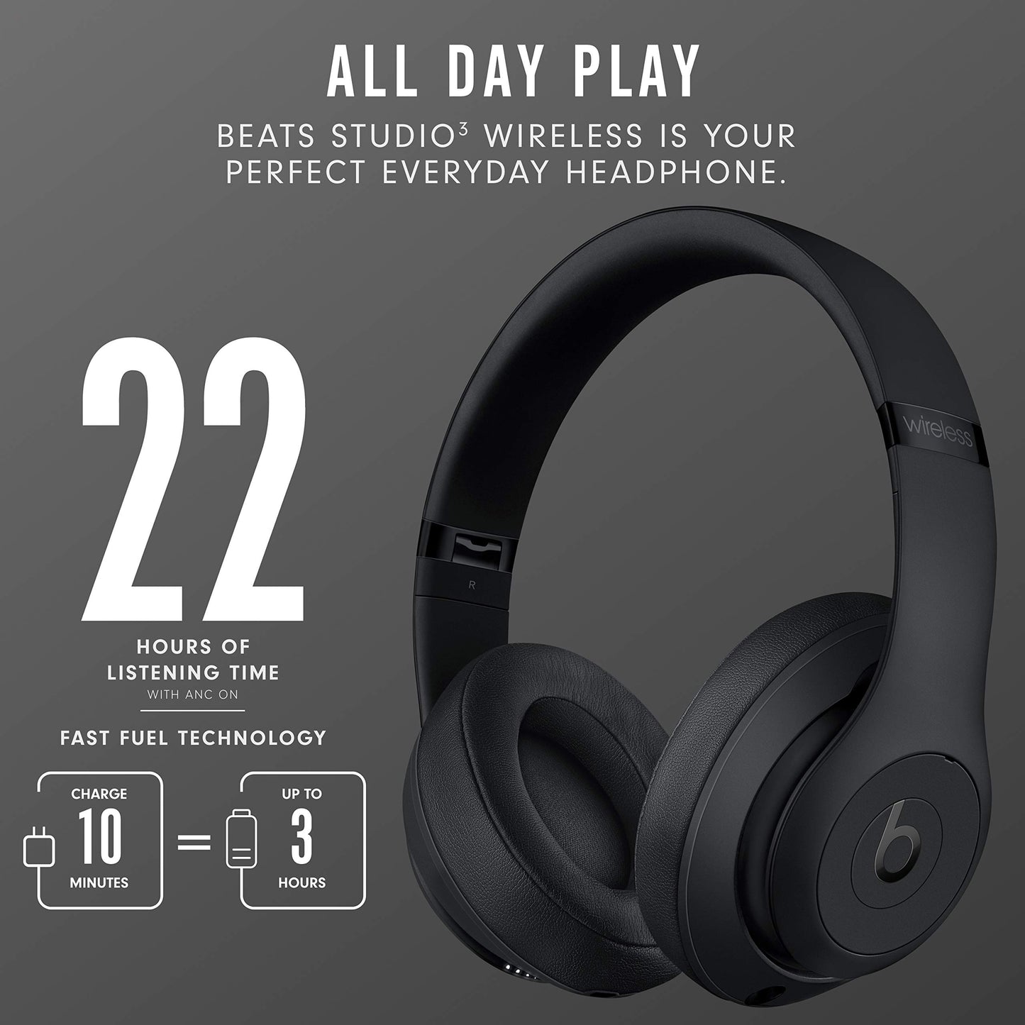 Beats Studio3 Wireless Noise Cancelling Over-Ear Headphones - Matte Black (Renewed)