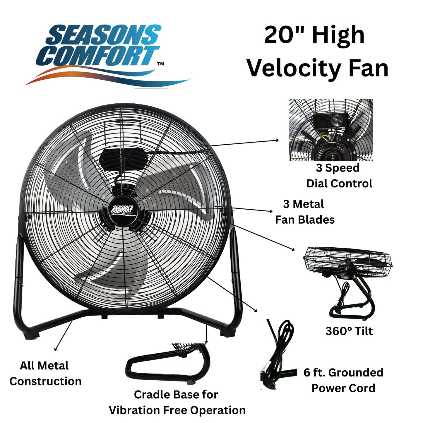 Seasons Comfort 20 Inch High Velocity Fan, All-Metal, 3 Speed, Black -FHV20