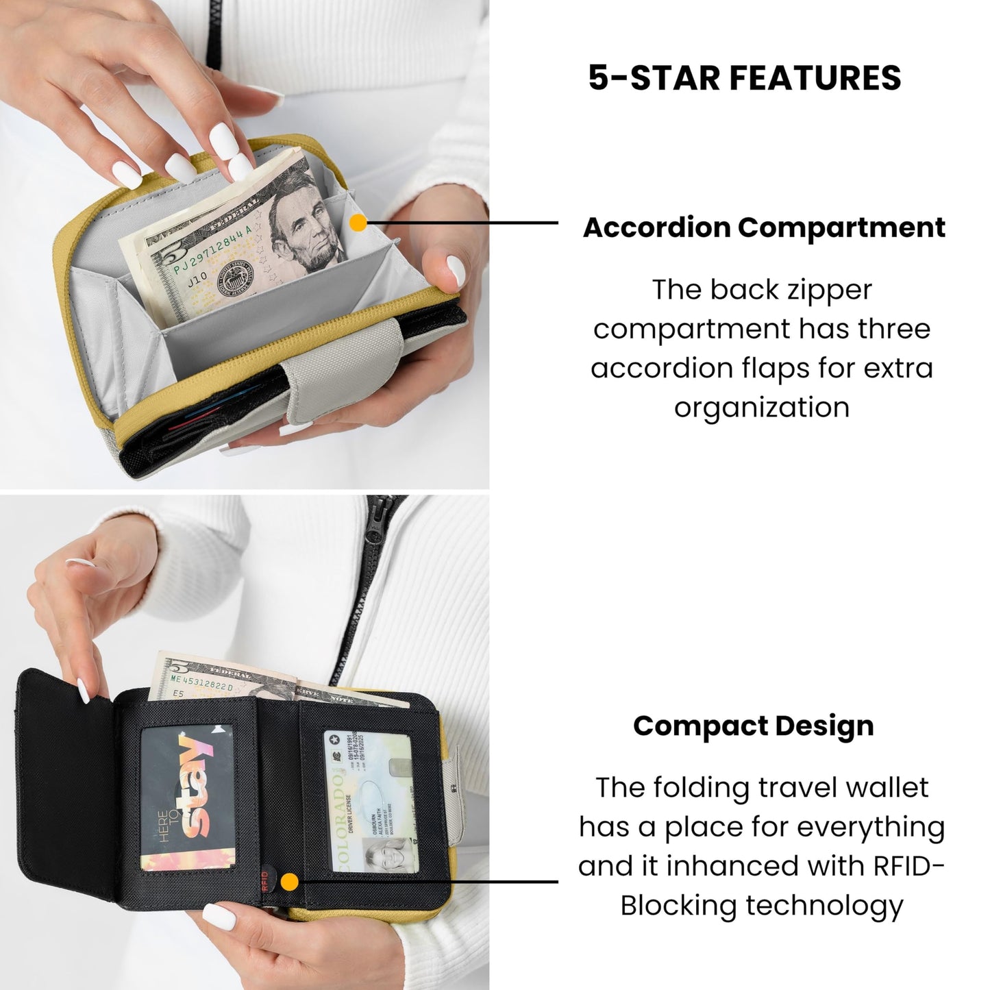 Sherpani Barcelona, Small Nylon Bifold Zipper Pocket Wallet for Women, Travel Bag, RFID Protection, Travel Gift (Con Leche)