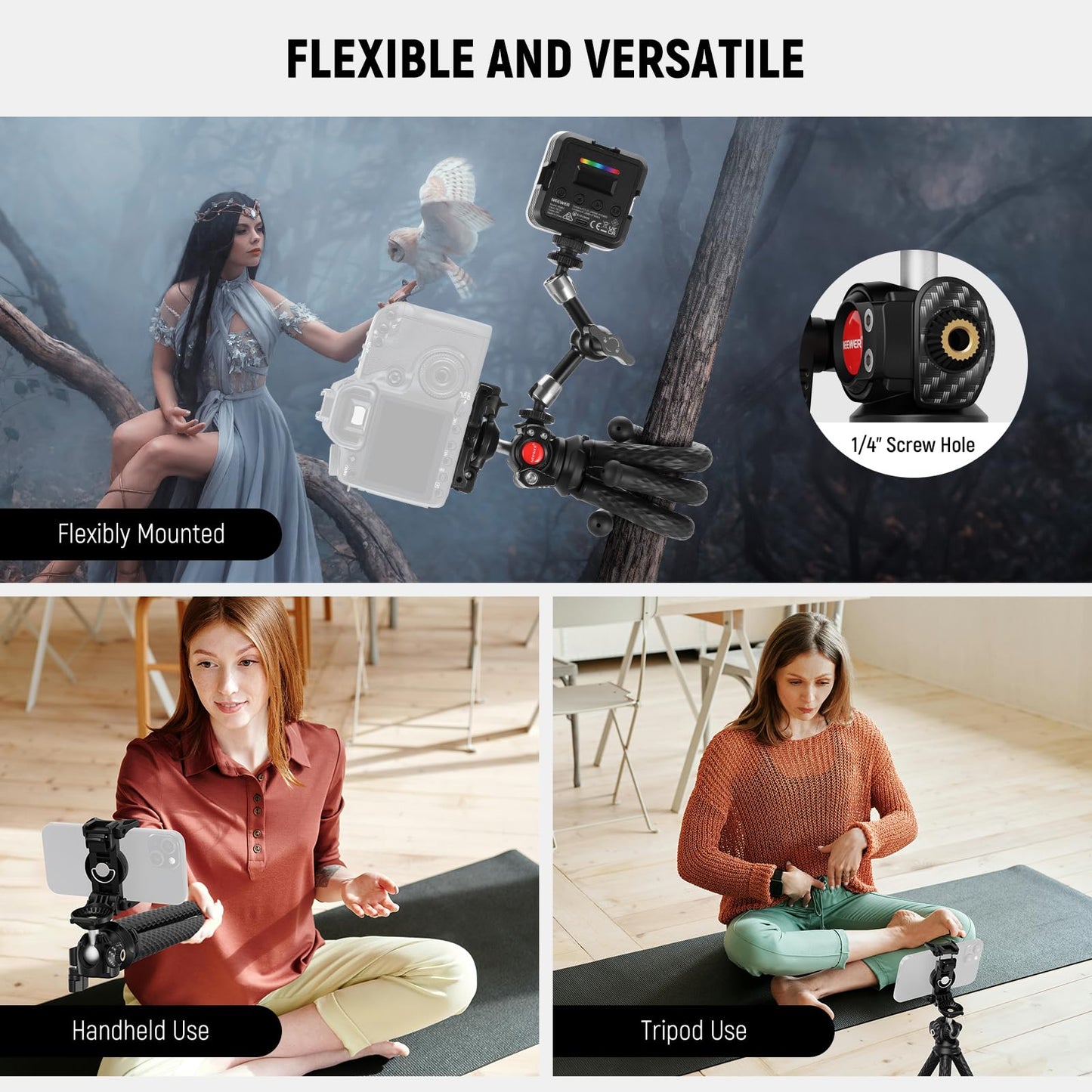 NEEWER Flexible Tripod with Remote, Mini Camera Phone Tripod Stand with Hidden Phone Holder&Action Camera Adapter Compatible with iPhone GoPro Hero13