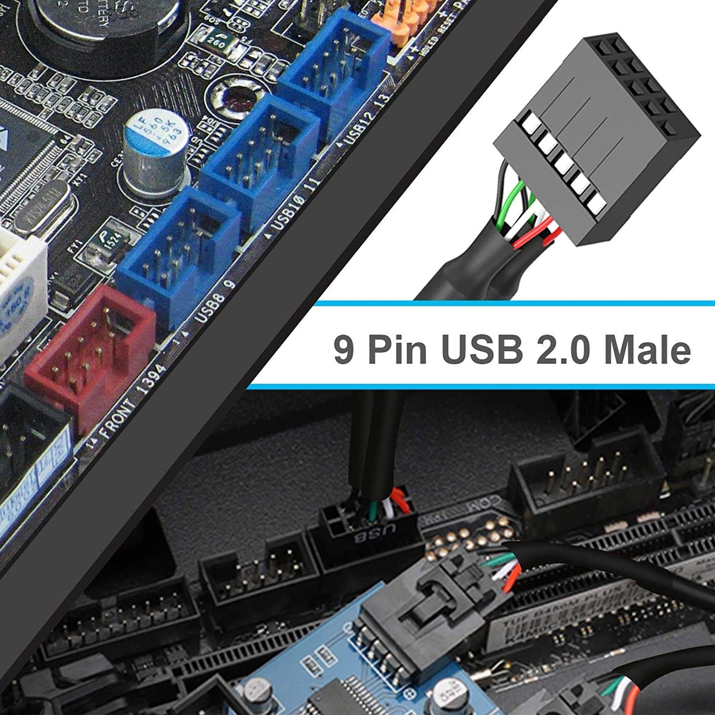 Kowlone Motherboard 9 Pin USB Header Splitter, Male 1 to 4 Female Extension Splitter Cable Desktop Card PCB Board 9-Pin USB 2.0 HUB Connector Adapter