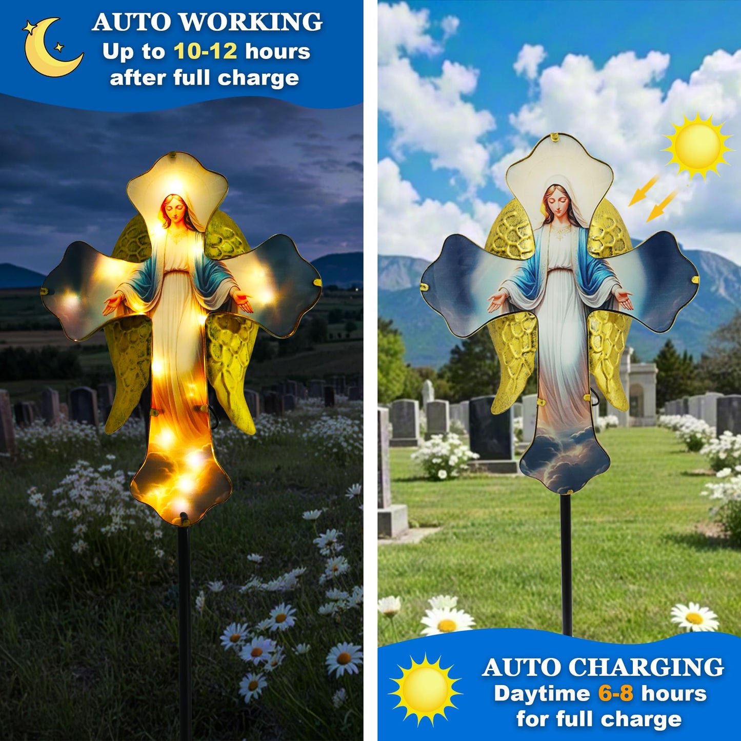Solar Virgin Mary Cross Garden Lamp for Grave - Angel Wing Memorial Decoration, Waterproof Solar Stake Lamp for Easter, Courtyard, Yard - Sympathetic