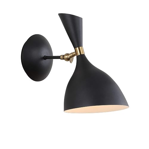 JONATHAN Y 7" Black/Brass Gold Modern LED Wall Sconce, Retro Iron Lamp for Bedroom, Bathroom, Hallway, Adjustable Mid-Century Fixture with Black Iron