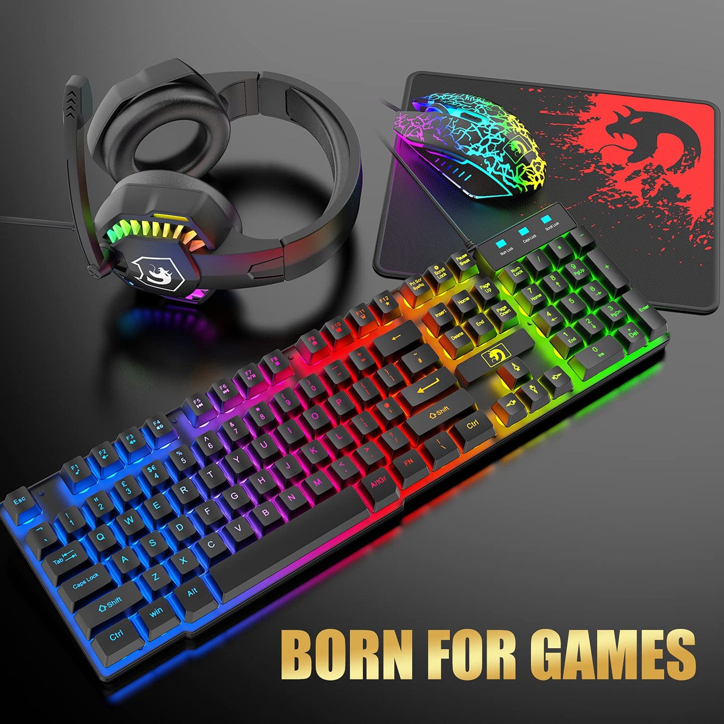 Wired Gaming Keyboard and Mouse Headset Combo,Rainbow LED Backlit Wired Keyboard,Over Ear Headphone with Mic,Rainbow Backlit Gaming Mice,Mouse Pad,for