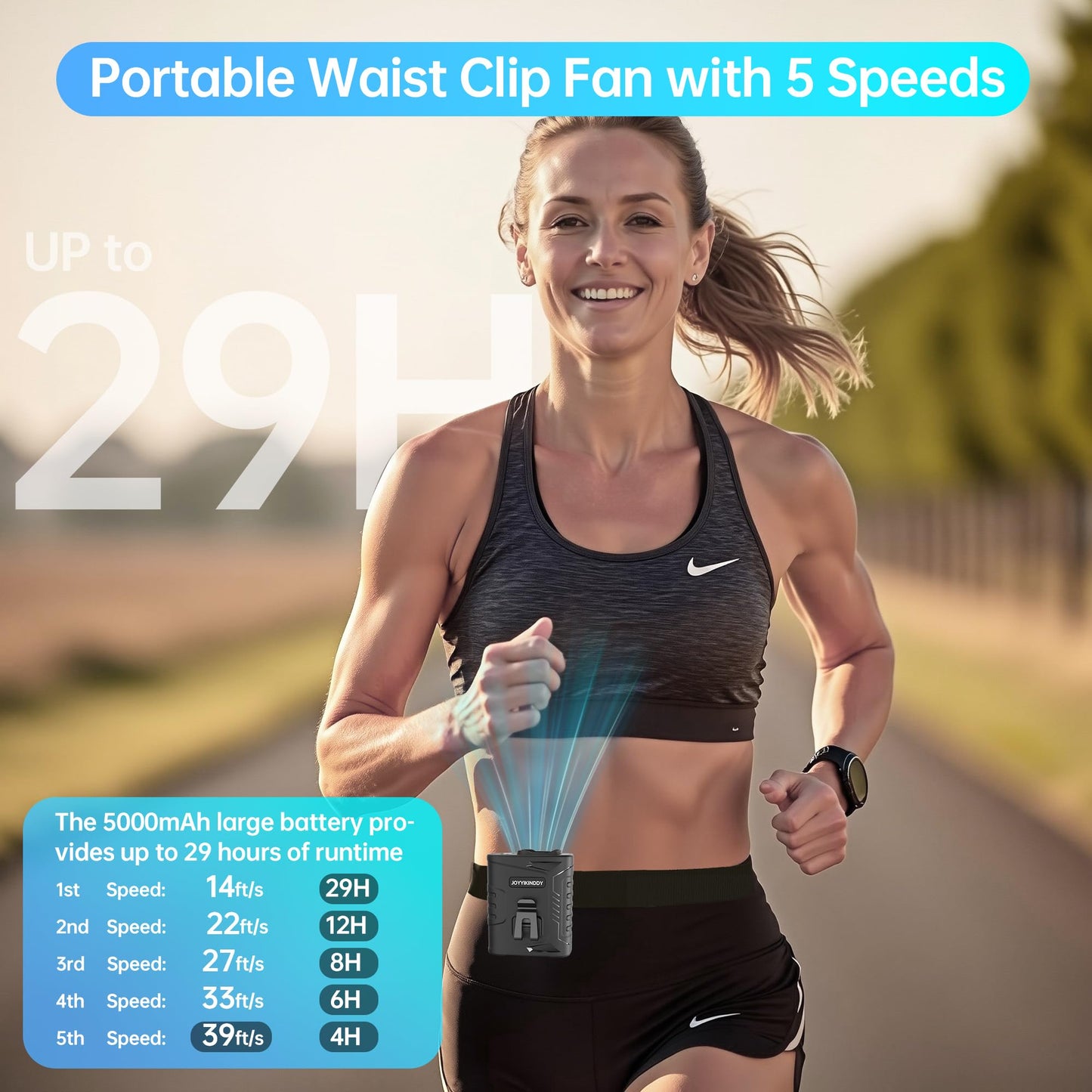 JoyyiKinddy Waist Fan, 5000mAh Rechargeable Belt Clip Fan, 39ft/s Strong Airflow, 5 Speeds, Up to 29H Runtime, Wearable Hands-Free Cooling with LED