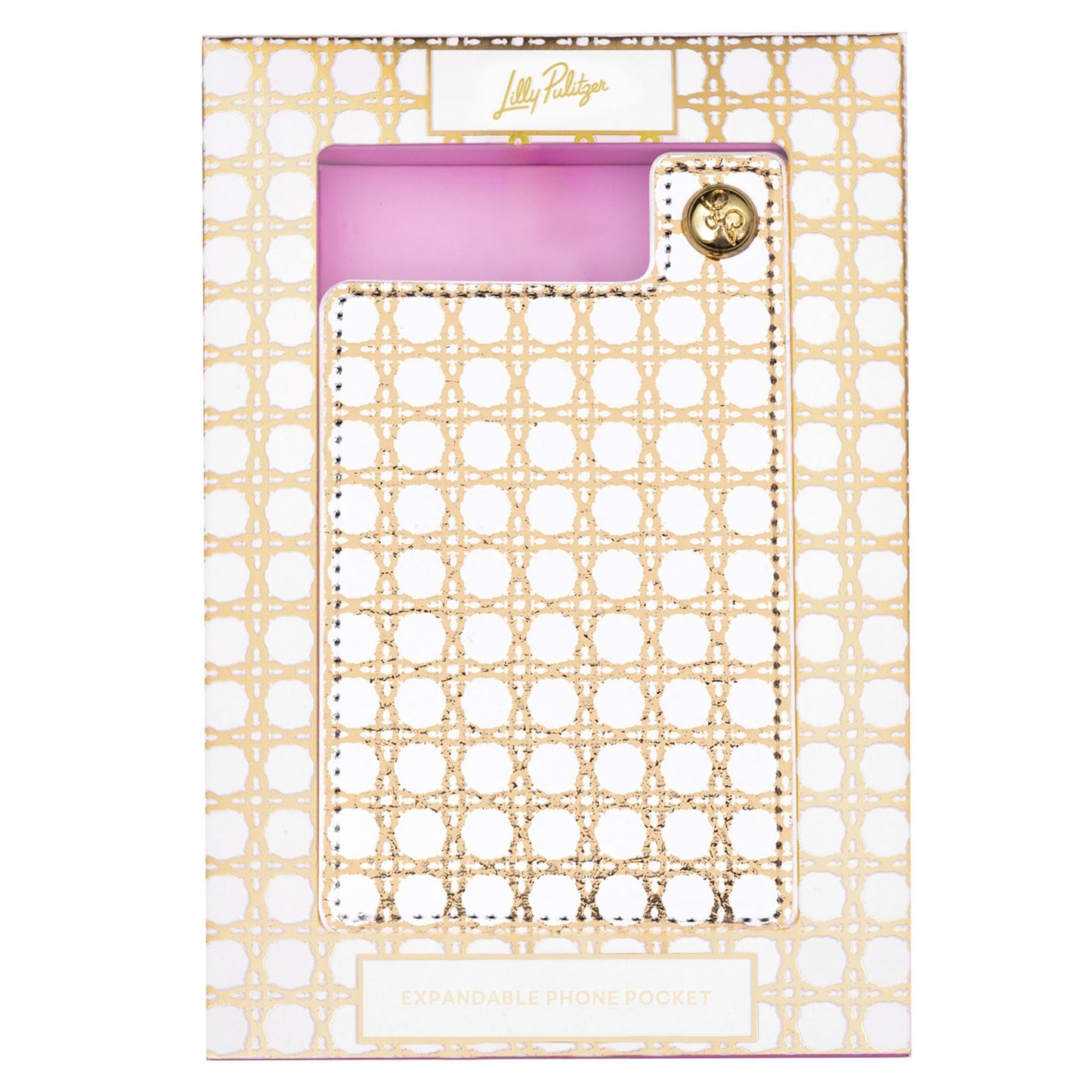 Lilly Pulitzer Phone Pocket, Card Holder for Phone Case with Button Snap for Credit Cards and ID, Gold Metallic Caning