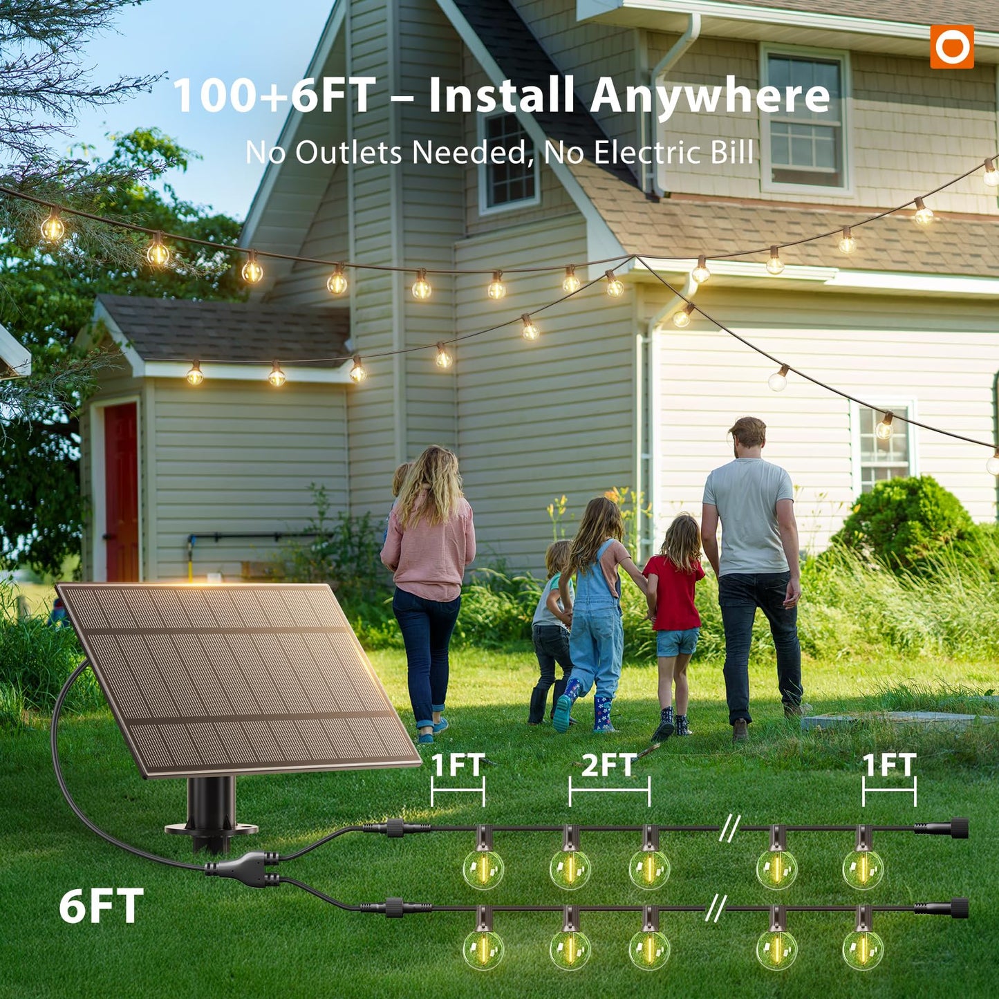 addlon 100FT Solar String Lights Outdoor with Remote, 54 LED Shatterproof Bulbs, USB Charging, 20+ Hour Runtime, Dimmable & Timable, G40 Waterproof