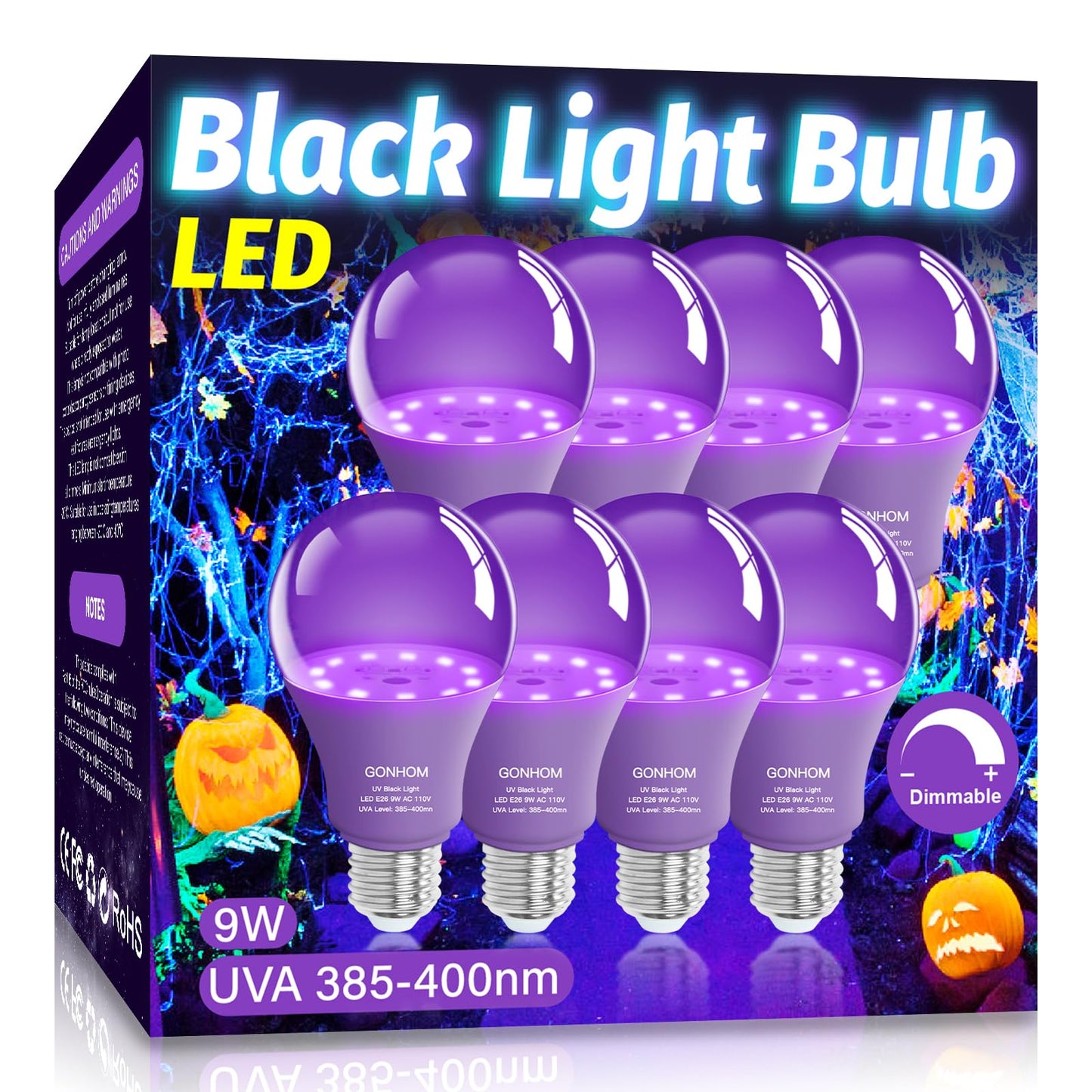 Black Light Bulbs 8 Pack, Dimmable 9W Black Lights Replace Up to 100W