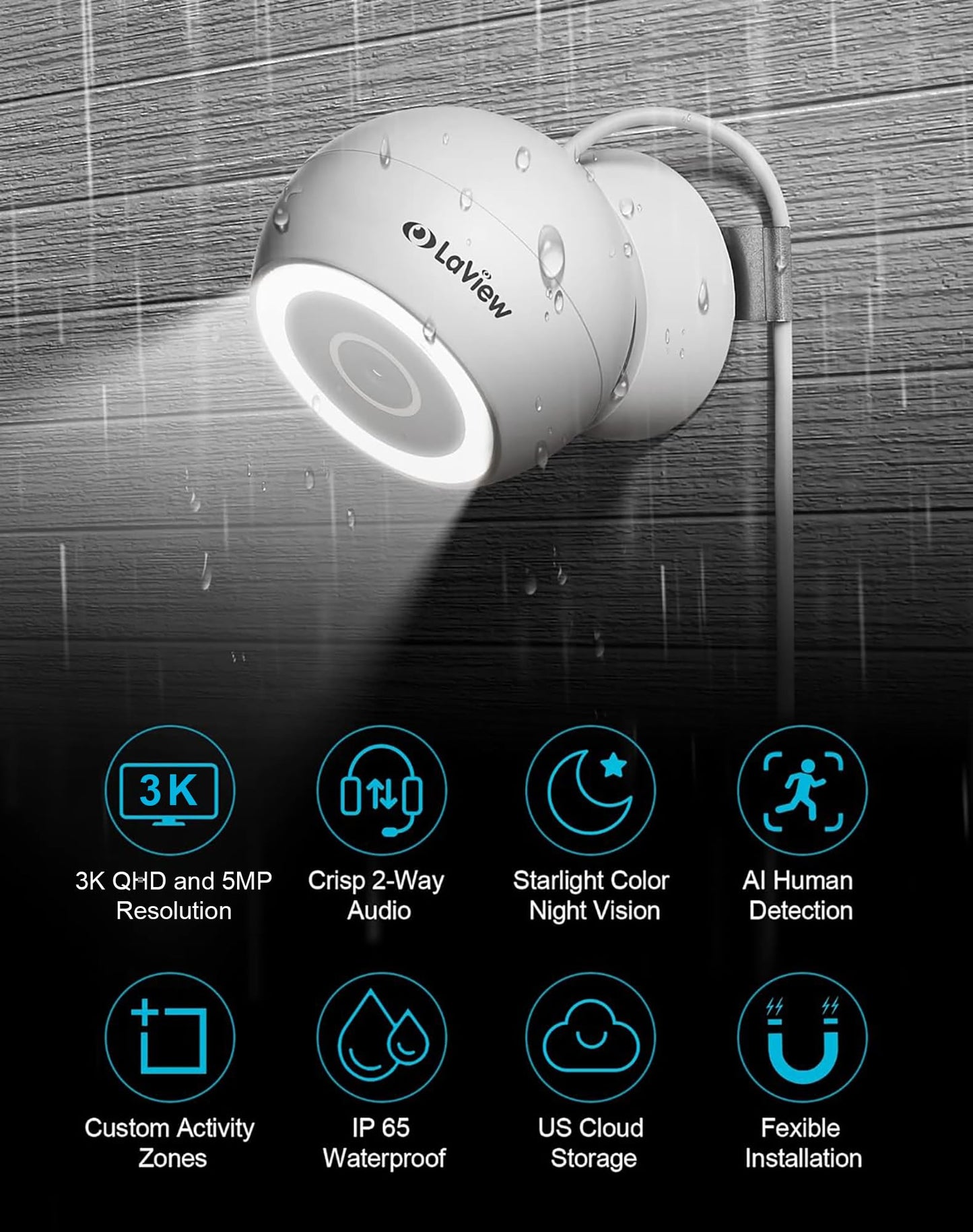 LaView 5MP 3K Security Cameras Outdoor Indoor Wired,IP65, Starlight Sensor & 100 Ft Night Vision,Motion/Person Detection,2-Way Audio/Spotlight,US