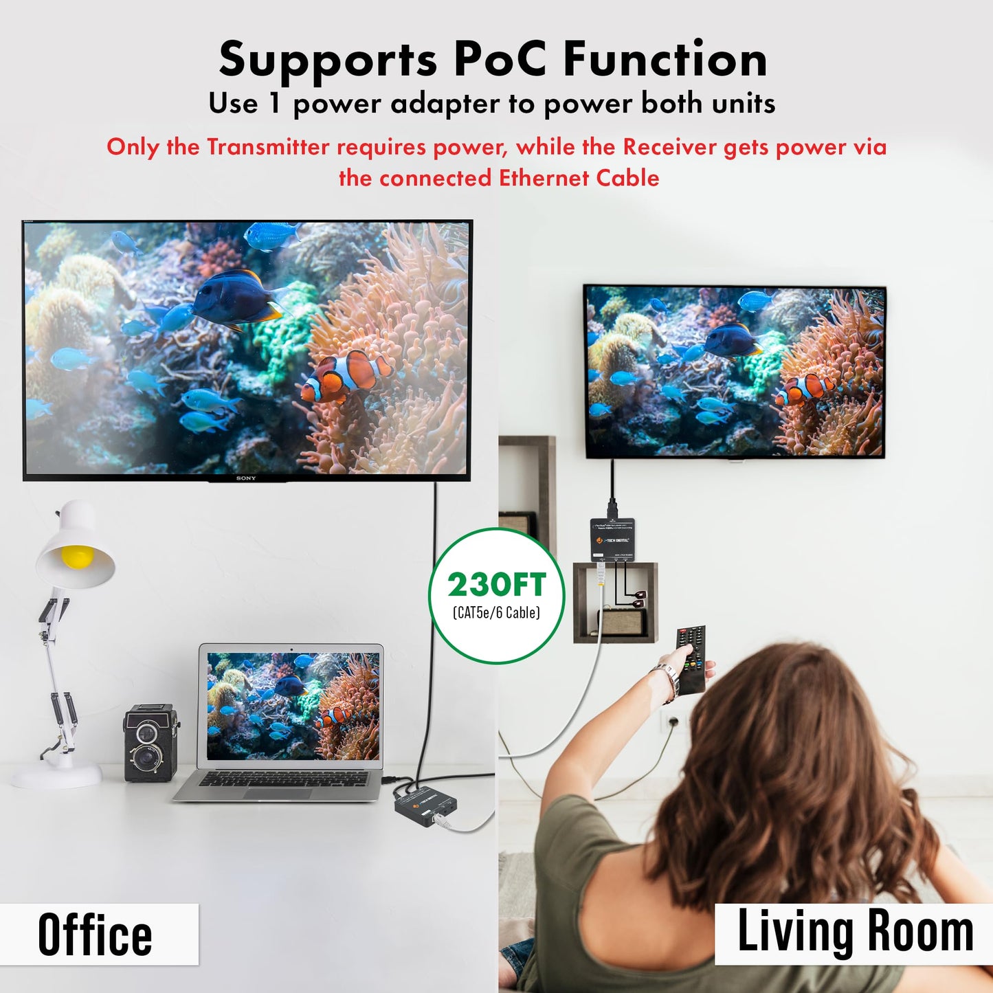HDMI Extender 4K 60Hz Over Cat5e/6 Ethernet Cable Up to 230ft. Supports 4K Downscale HDMI Loop Out PoC HDR Bi-Directional IR by J-Tech Digital