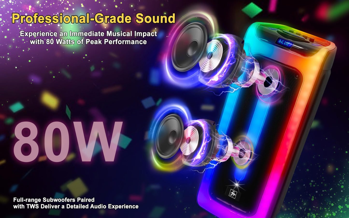 Fisher Bluetooth PA Stereo Speakers System-Karaoke Portable Wireless DJ, Dual 8" 80W Peak Power, Loud HD Sound & LED Lights, Rechargeable, TWS, 2 USB