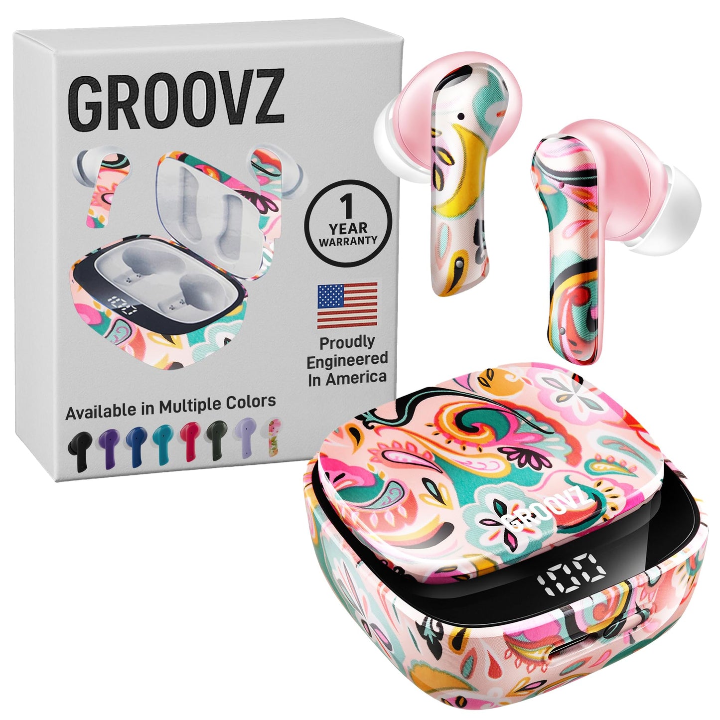 Groovz True Wireless Earbuds with Charging Case - Designed and Engineered in The USA - IPx4 Water Resistant Bluetooth Earbuds Compatible with Apple