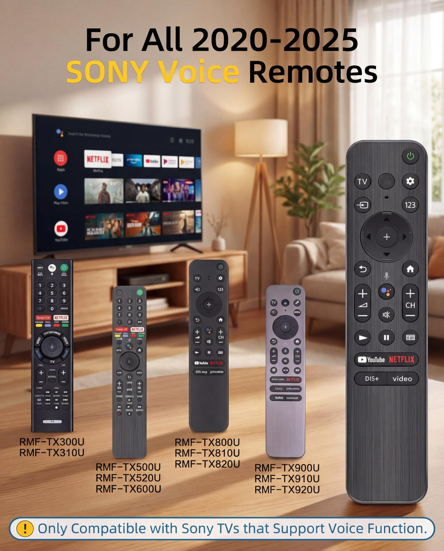 HSHONG Voice Remote for Sony Smart TVs, Replacement Control with 4 Quick Link Buttons, Compatible with All 2018-2025 Sony Bravia Google 4K UHD LED LCD
