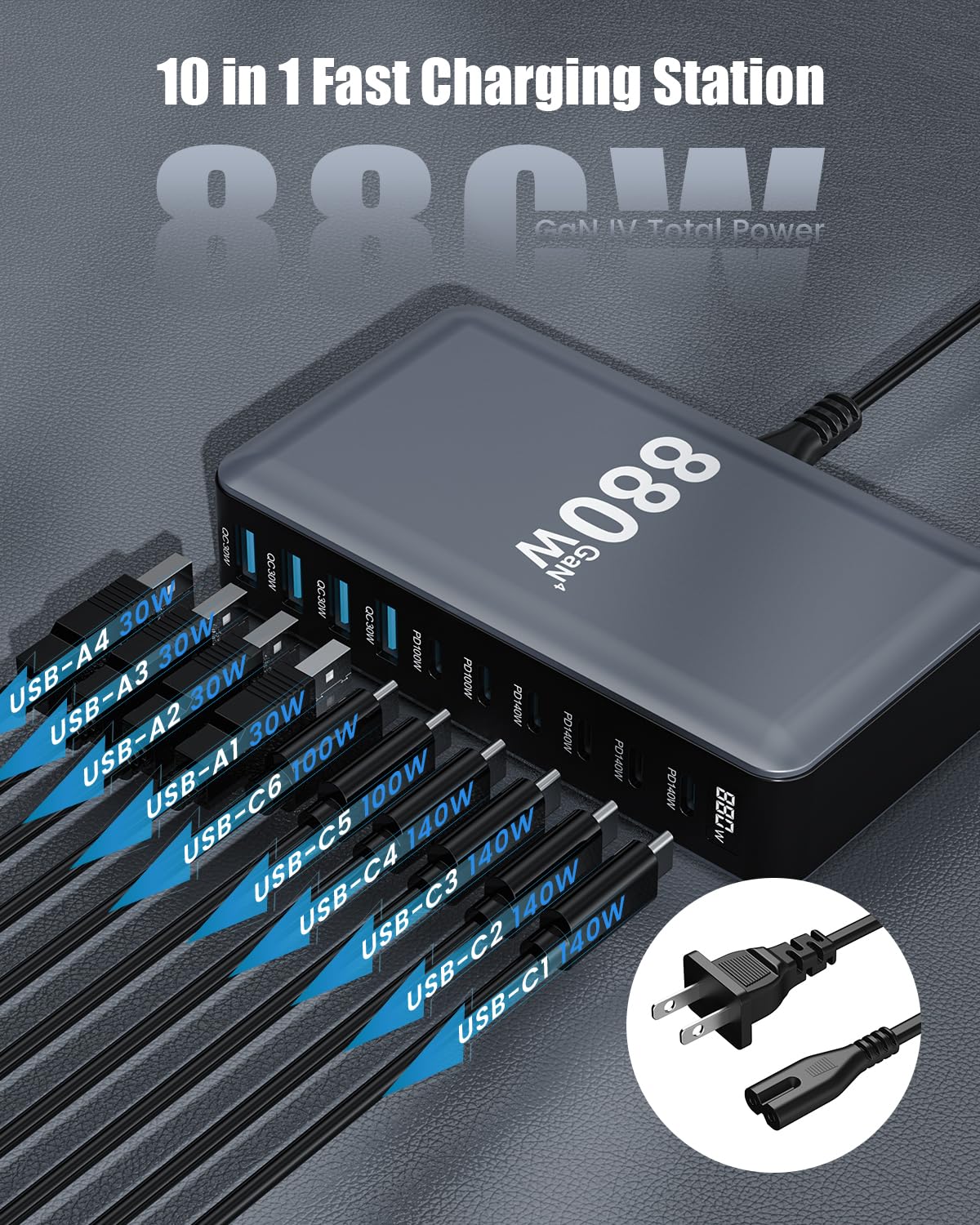 880W USB C Charger Block,10-Port USB C Charging Station GaN IV Travel Essentials Multiple Port Charging Station,140W Laptop Fast Charger Adapter