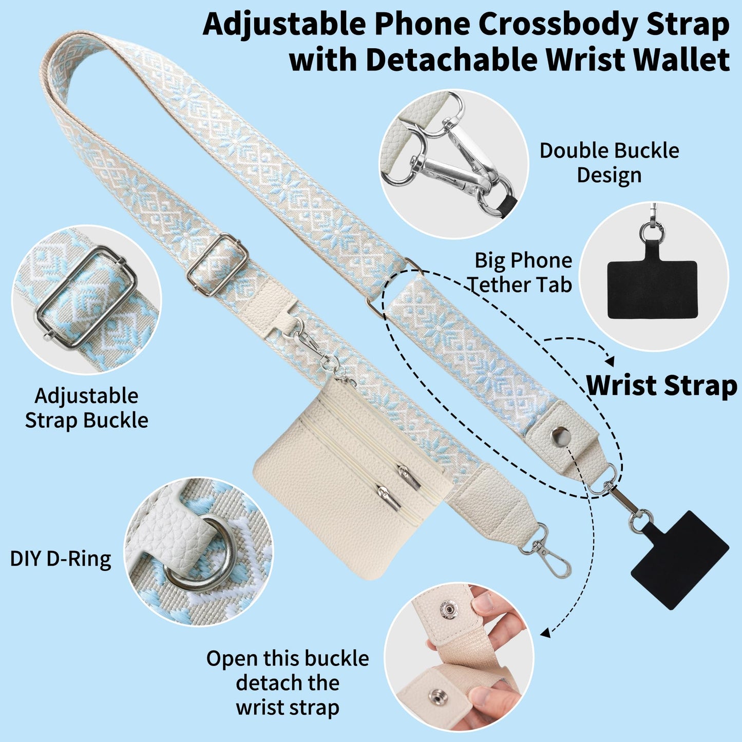 PUGPIU 2 Pack Clip and Go Strap for Phone with Wallet Crossbody - Phone Strap Crossbody with Zippered Pouch, Multifuctional Adjustable Cell Phone