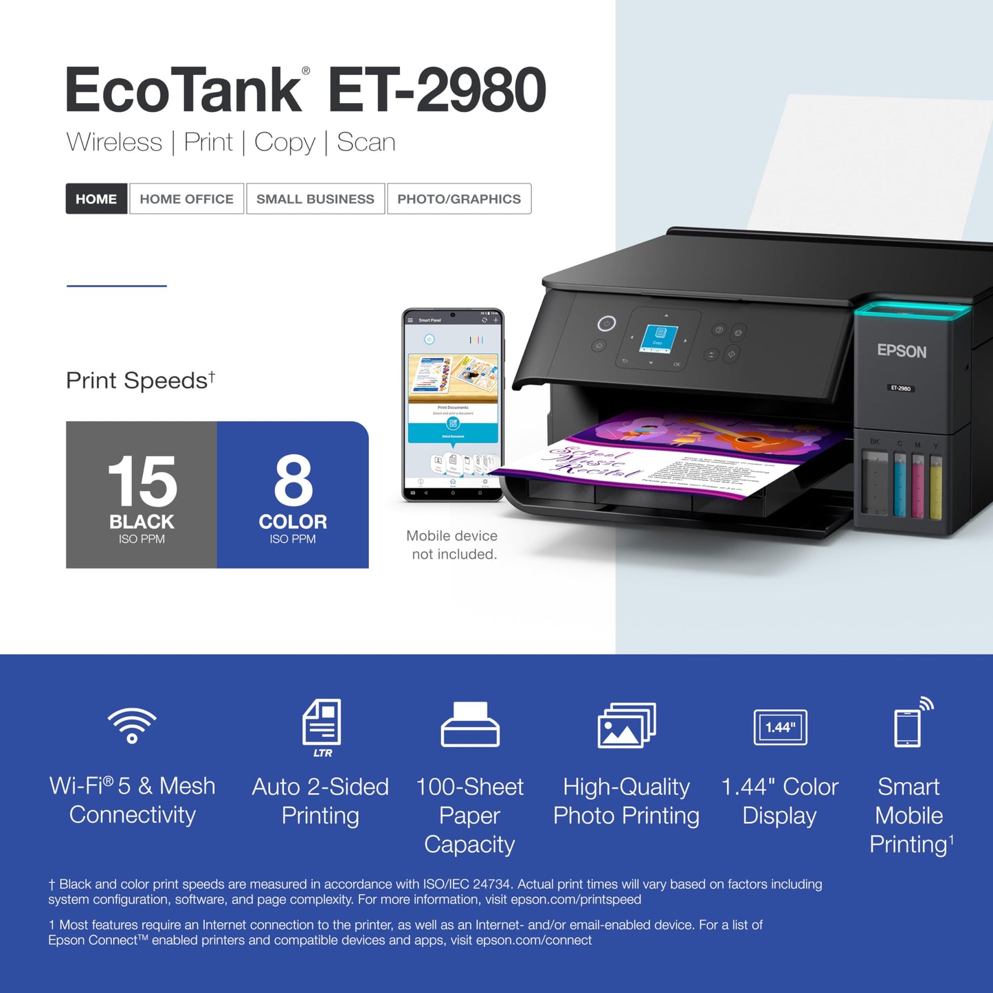 Epson EcoTank ET-2980 Wireless All-in-One Color Supertank Printer with up to 3 Years of Ink Refillable Tanks, Perfect for Home, 15 PPM, 1.44" Colorful